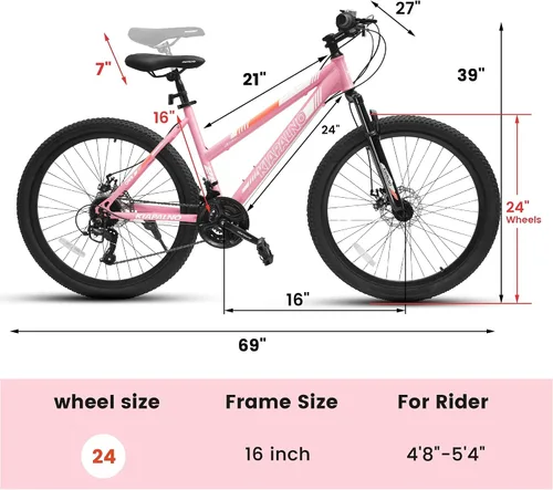 Vista 8 de Ecarpat 24/26 Inch Mountain Bike for Women Girls, 21-Speed Mountain Bicycle with Disc/V-Brakes and Front Fork Suspension, Carbon Steel Frame MTB Bike