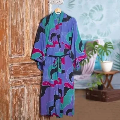 Vista 5 de NOVICA Purple Batik - Bata larga para mujer, turquesa océano (talla única), Púrpura, multicolor