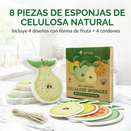 Vista 2 de AIRNEX Esponjas comprimidas de celulosa a base de plantas a granel, paquete de 8 unidades de cocina en forma de fruta, ecológicas, sin olor Frutas