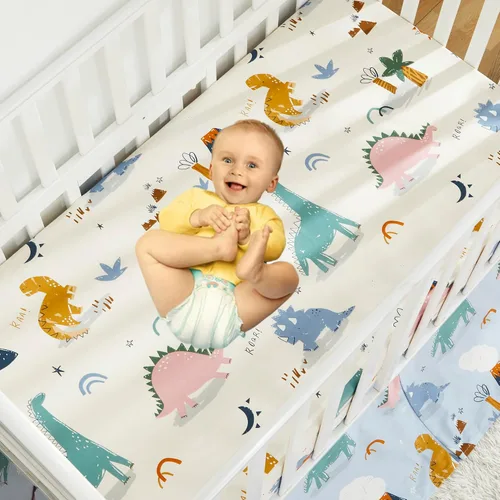 Vista 3 de Brandream Juego de ropa de cama para cuna para niños, 100% algodón, estampado de dinosaurio, ropa de cama para bebé, color azul, verde, crema