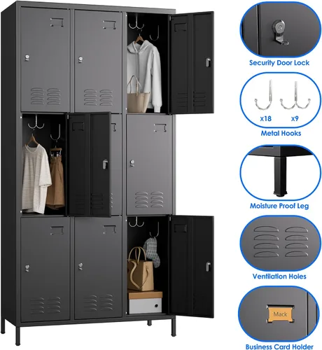 Vista 4 de SUPEER Taquillas metálicas de 9 puertas para empleados con 18 ganchos, taquillas de metal con tarjetero para escuela, garaje, oficina, gimnasio