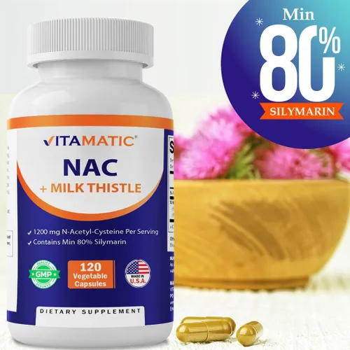 Vista 5 de Vitamatic Suplemento NAC N-acetil-L-cisteína (NAC) con extracto 50:1 de cardo mariano - Apoya la salud inmunológica, respiratoria, hepática, 1200 mg