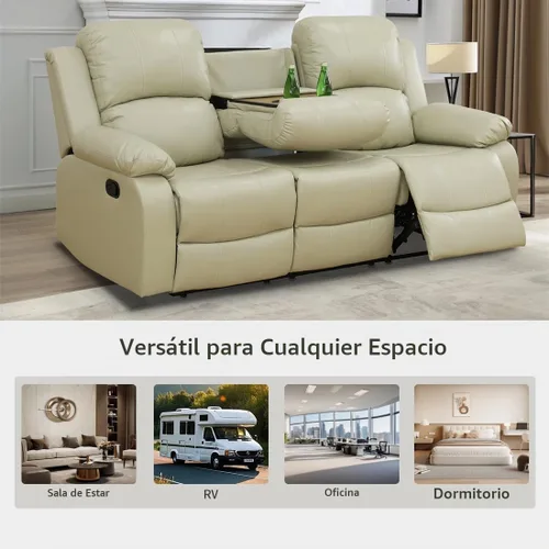 Vista 6 de Juego de Muebles para Sala de Estar, Juego de Sofá Reclinable Manual, Juegos de Sofás Reclinables de Cuero Beige con Mesa Desplegable, Sofá