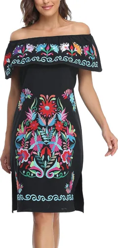 Vista 2 de YZXDORWJ Vestido bordado mexicano sin mangas con cuello de volantes para mujer
