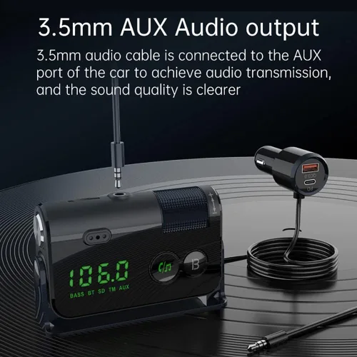 Vista 6 de Transmisor Bluetooth Fm, 2 micrófonos y QC3.0 + Tipo-C PD 18W HiFi Bass, adaptador Bluetooth para automóvil compatible con llamadas manos libres