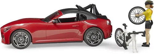 Vista 5 de Bruder Juguetes - Coche recreativo realista Roadster con soporte para bicicletas y bicicleta de carretera con figura de ciclista femenina, el techo
