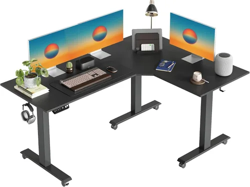 Vista 8 de CubiCubi Escritorio eléctrico en forma de L de triple motor, escritorio esquinero de pie ajustable de 63 pulgadas de altura, estación de trabajo