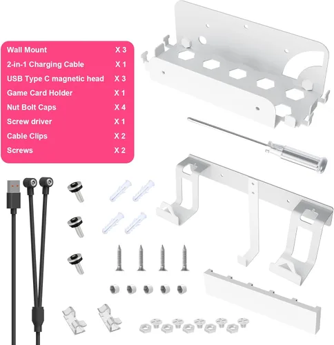 Vista 2 de EJGAME Soporte de montaje de pared compatible con Nintendo SwitchOLED, kit de montaje de pared de metal con ganchos para colgar auriculares