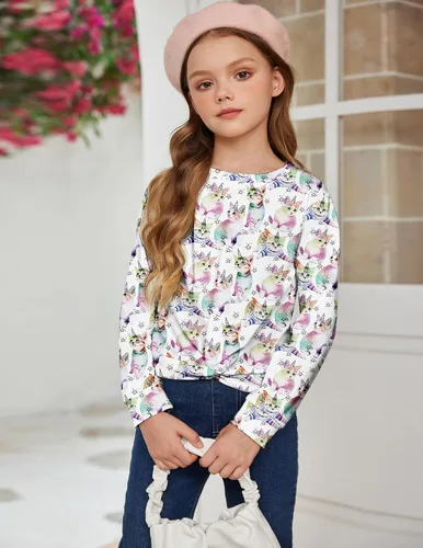 Vista 2 de Arshiner Sudadera ligera casual con nudo frontal para niñas, con estampado de teñido anudado, manga larga