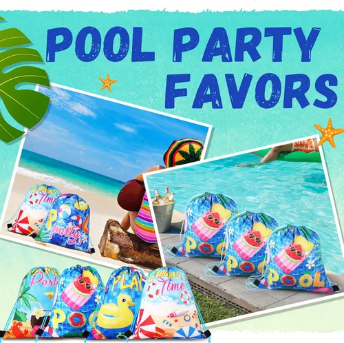Vista 7 de Hosuly 24 bolsas de verano para fiesta en la piscina, bolsas con cordón, mochilas hawaianas, decoración de fiesta de piscina, bolsas de regalo