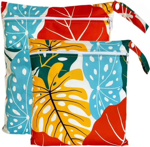 Vista 13 de Bolsa para pañales de tela, 2 bolsas impermeables y reutilizables con bolsillos con cremallera, lavable, reutilizable para viajes, playa, piscina