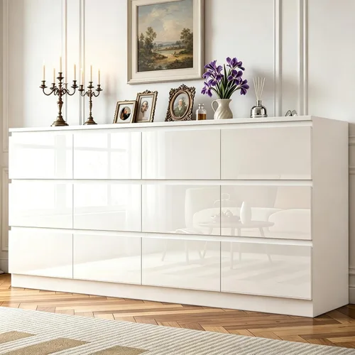 Vista 14 de Cómoda de 12 cajones con estación de carga, cómoda grande moderna con 12 cajones sin asas, cómoda de almacenamiento de madera para dormitorio, sala