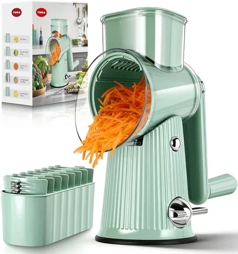 Vista 9 de Rallador rotativo de queso con asa, triturador de verduras con 5 cuchillas y base de succión fuerte, rebanador redondo y picador de alimentos