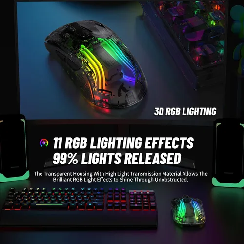 Vista 4 de Mouse inalámbrico para juegos con diseño totalmente transparente, mouse de triple modo 2.4 GUSB-CBluetooth, retroiluminación RGB 3D, mouse