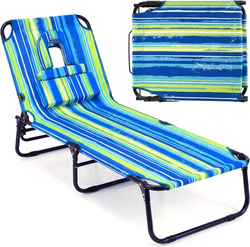 Vista 11 de Tangkula Sillón de playa, reclinable plegable para tomar el sol con agujero frontal, silla de bronceado boca abajo con respaldo ajustable de 4 Beige