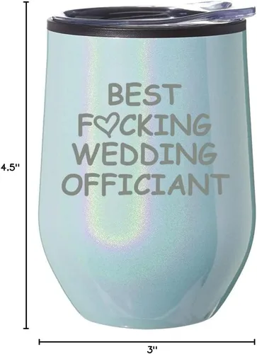 Vista 2 de Vaso de vino sin tallo, taza de viaje de café con tapa, regalo para el mejor oficiante de boda divertido (purpurina azul)