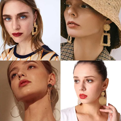 Vista 7 de Juego de 12 pares de aretes colgantes para adultos, elegantes aretes geométricos dorados, aretes de gota para fiesta de cumpleaños, regalos