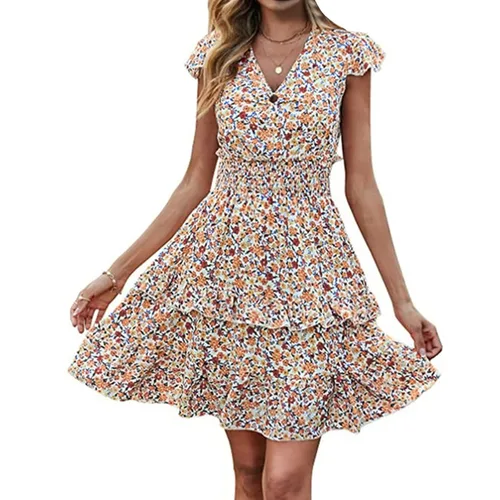 Vista 2 de Vestido corto de playa bohemio con cuello en V y manga con volantes para mujer bonito vestido corto con cintura fruncida lindo traje de playa