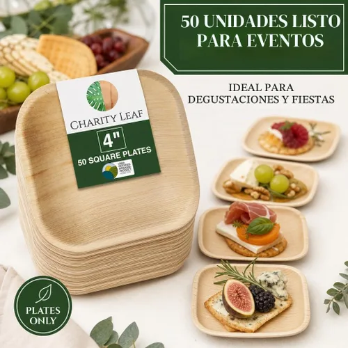 Vista 3 de Platos cuadrados desechables de 10 cm de Charity Leaf con forma de hoja de palma (50 piezas) Bandejas de servir tipo bambú, tablas desechables