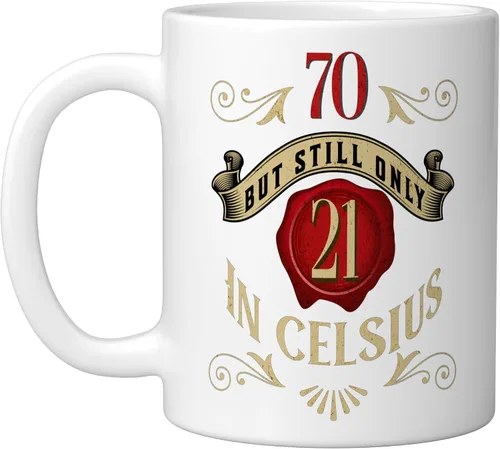 Vista 8 de 70 But Only 21 In Celsius, Funny 70th Birthday Vintage Ceramic Mug, Black/White