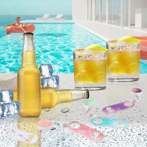 Vista 2 de 6 abrebotellas plano, mini abrebotellas retráctiles de acero inoxidable con insignia redonda, abrebotellas de cerveza plano con clip para cinturón