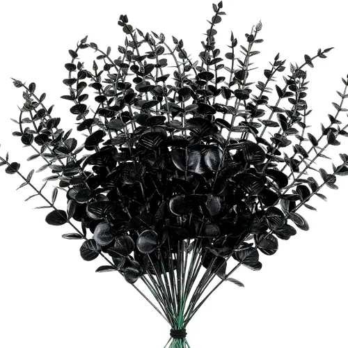 Vista 8 de Ysleen 45 ramas artificiales de eucalipto sintético negro de 15 pulgadas para jarrones, ramo de hojas de eucalipto falso para el hogar, granja