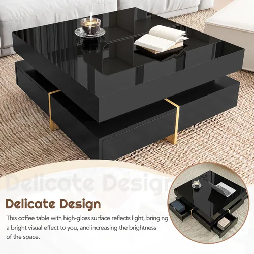 Vista 3 de Mesa de centro moderna con almacenamiento, mesa de centro cuadrada contemporánea con cajones, mesa central moderna de alto brillo para sala de Negro