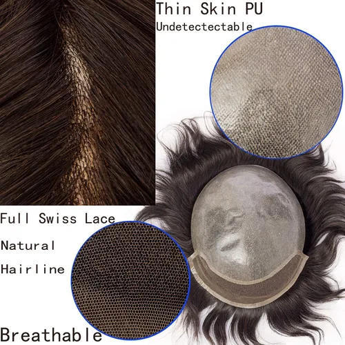 Vista 7 de Peluca de cabello humano europeo de repuesto para hombre, encaje suizo frontal, 0.003 in, piel fina, poliuretano, con bucle, 10 x 8 pulgadas