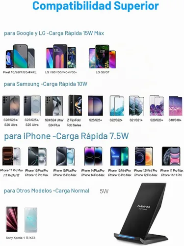 Vista 3 de NANAMI Cargador inalámbrico rápido con cargador de teléfono USB, soporte de carga certificado Qi con adaptador QC3.0 7.5W compatible con iPhone