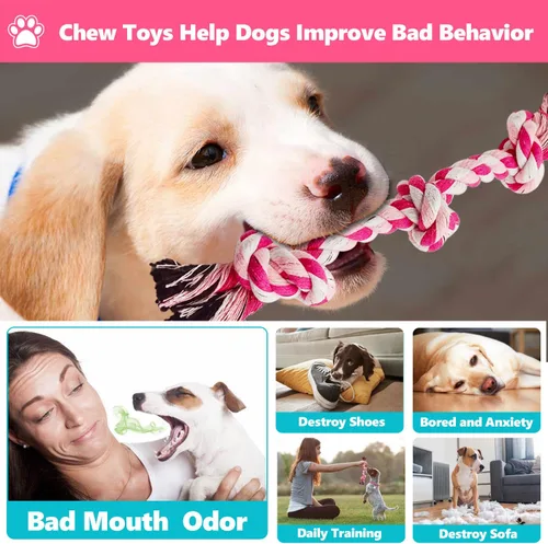 Vista 3 de Juguetes de cuerda para perros, juguete de cuerda masticable para perros medianos y pequeños, limpieza de dientes de gato, cachorro, cuerda