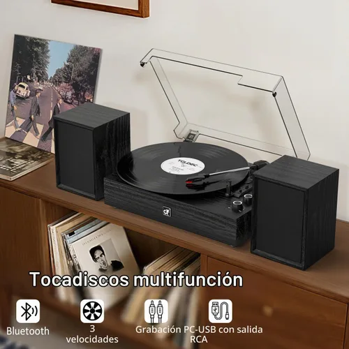 Vista 3 de Tocadiscos Bluetooth con altavoces externos con transmisión por correa Negro (Black Wood)