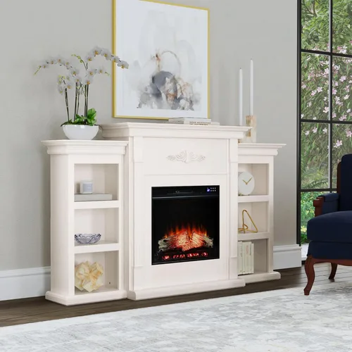 Vista 2 de SEI Furniture - Chimenea eléctrica con pantalla táctil Tennyson con estantes para libros - Marfil - Diseño de transición, vidrio marfil y madera