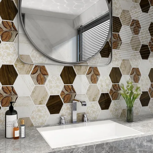 Vista 6 de FunStick 15 hojas de azulejos hexagonales para cocina, baño, azulejos de pared de 12 x 12 pulgadas, de madera bohemia, aptos para inquilinos