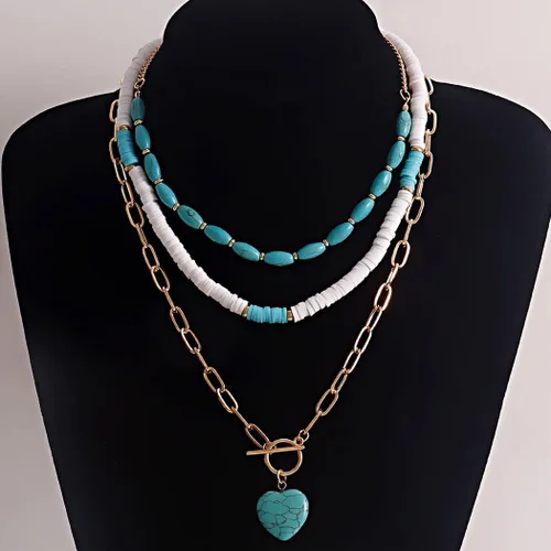 Vista 7 de Gangel Collar bohemio con forma de corazón, collares en capas de turquesa, gargantilla de surfista, collar de concha de puka, collar de playa