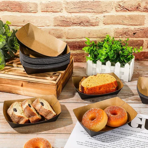 Vista 3 de Whaline 100 bandejas de papel desechables para alimentos, bote de comida de papel negro, 1 libra, papel resistente a la grasa, barcos para servir