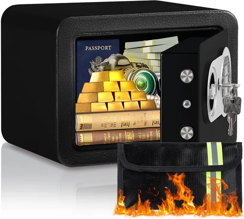 Vista 10 de Caja de seguridad de 0.23 pies cúbicos, pequeña con bolsa ignífuga, llaves y código de acceso, caja de seguridad electrónica digital para efectivo