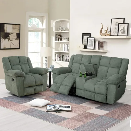 Vista 28 de Juego de sofá reclinable para muebles de sala de estar, juego de sofá y silla reclinable de pana verde, tela manual, sofá reclinable de 3 plazas