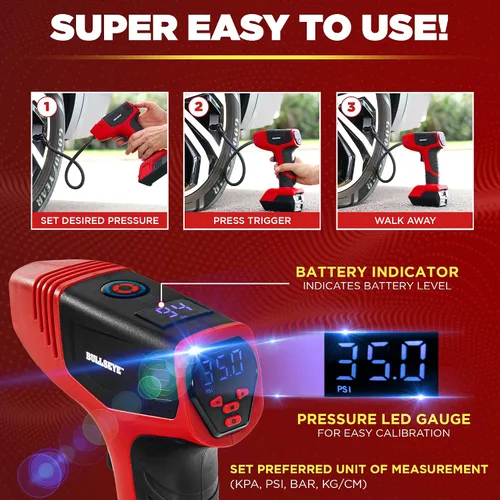Vista 5 de BULLSEYE PRO - Inflador de neumáticos con manómetro, compacto y portátil, apagado automático, 150 PSI máximo, USB recargable para el hogar y cable