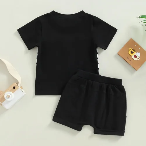 Vista 33 de Conjunto de traje de verano para bebé niño pequeño, manga corta, cuello redondo, letras impresas, lindo traje de verano, conjunto de 2 piezas