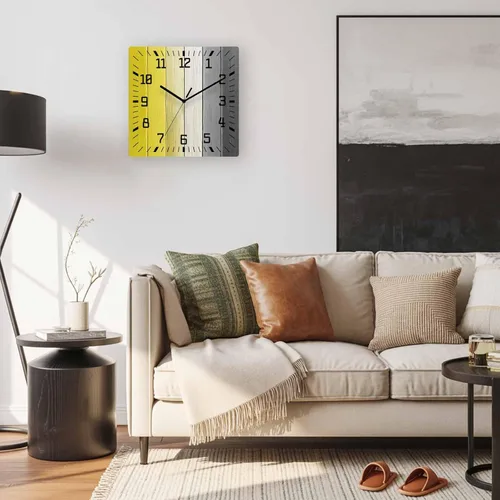 Vista 5 de Reloj de pared de madera amarillo negro blanco silencioso, sin tictac, color granja, reloj de pared cuadrado de madera degradado, funciona