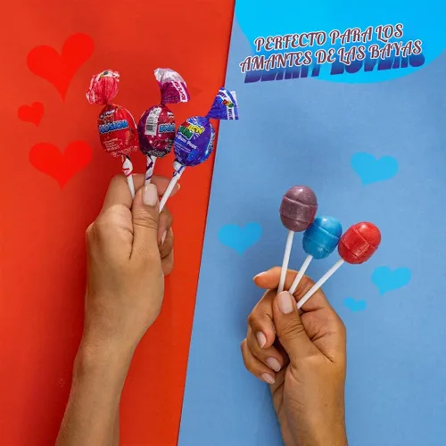 Vista 5 de Colombina Bon Bon Bum - Paletas con centro de chicle, sabor a explosión de bayas, paletas surtidas envueltas individualmente, golosinas