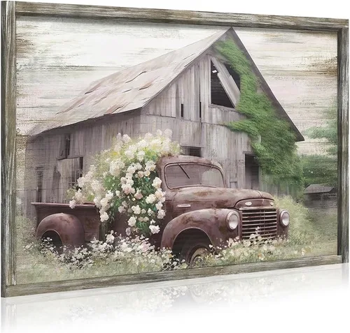 Vista 11 de Arte de pared de madera enmarcada de granja: arte de camión viejo rústico pintura de madera de granero para dormitorio