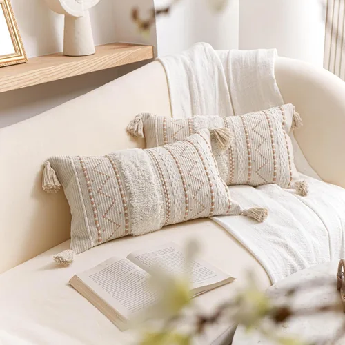 Vista 5 de BlissBlush Funda Decorativa de Almohada Lumbar de 12x20 Juego Combinado de 2 Color Crema Blanco Neutro Rectangular Estilo Bohemio Funda de Almohada