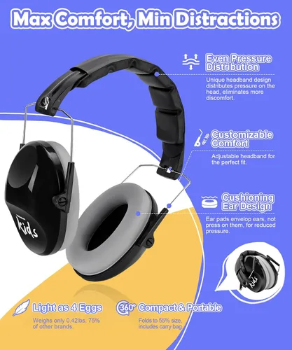Vista 7 de PROHEAR 032 Auriculares con cancelación de ruido para niños, reducción de ruido de 25 dB, orejeras sensoriales ajustables de protección de oídos
