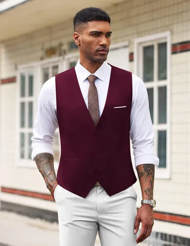 Vista 3 de COOFANDY - Chalecos de traje casuales con cuello en V, sin mangas, entallados, para hombre