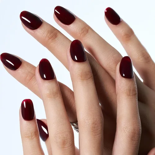 Vista 6 de GLAMERMAID Uñas postizas cortas ovaladas, góticas, hechas a mano, color burdeos gótico, pegamento de gel para otoño, 24 unidades, brillantes