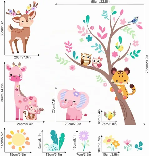 Vista 3 de Supzone Calcomanías de pared de árbol de animales de la selva, elefante rosa, jirafa, calcomanías de pared para niños y niñas, dormitorio, sala