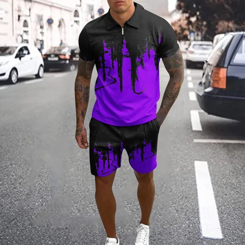Vista 2 de lulshou Summer 2 Piece Sets for Men Short Sleeve Tops Shorts Set 14 Zipper Polo Shirt and Shorts Outfits Casual Tracksuit