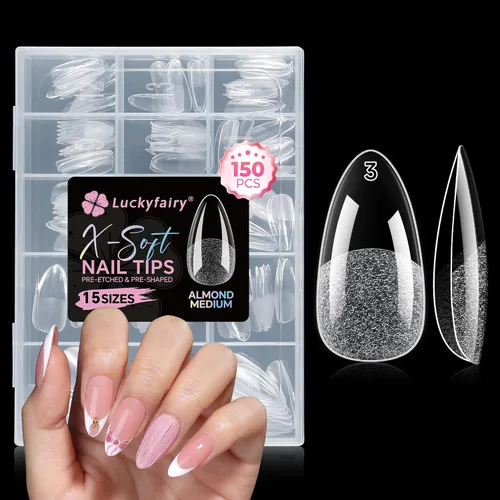 Vista 11 de Luckyfairy Puntas de uñas de ataúd medianas, 15 tamaños, 150 uñas postizas