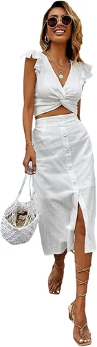Vista 4 de SheIn Conjunto de blusa corta con volantes y cuello redondo para mujer 2 piezas falda midi